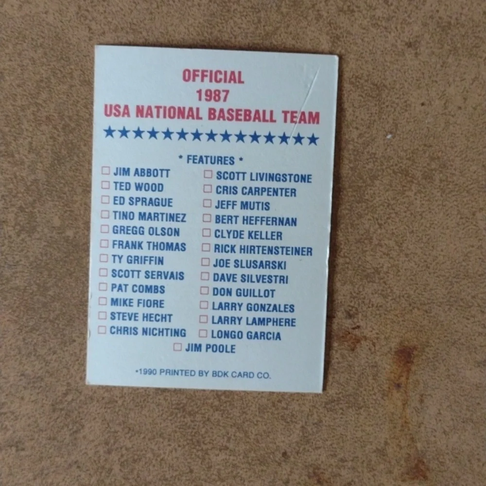 Official 1987 USA National Baseball Team Card Set